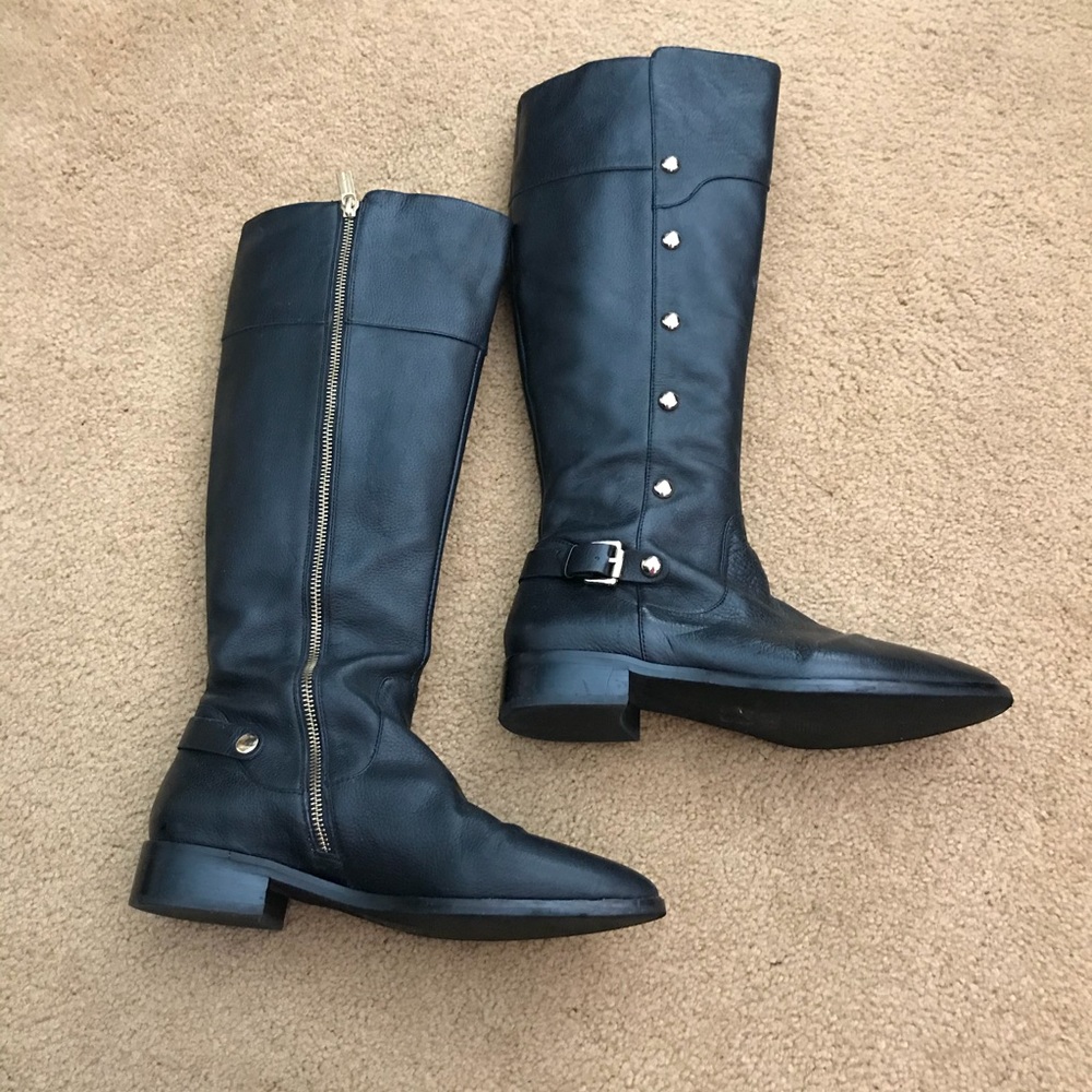 Tall leather black studded zipper boots